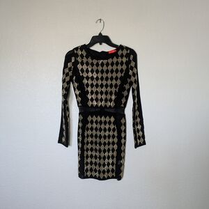 Black and Gold Long-Sleeve Diamond Pattern Dress